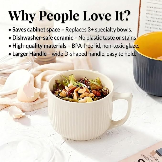 Ceramic Soup Bowl with Handle & Lid, 32oz Microwave Ramen Bowl Set of 2 | White - Image 6