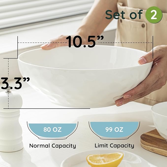 HOMBENE Large Pasta Bowls Set of 2, 10 Inch Pasta Serving Bowl Dinner Bowls, Kitchen Bowl Set, Microwave and Dishwasher Safe, Scratch Resistant, Set of 2