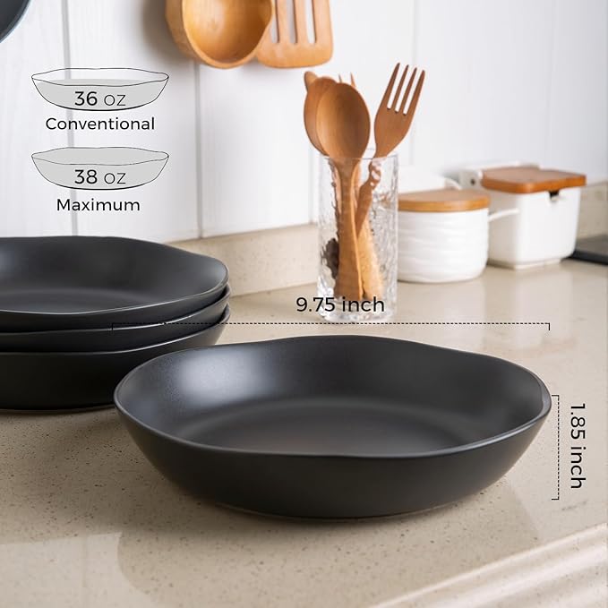 AmorArc 9.75'' Ceramic Large Pasta Bowls, 38oz Stoneware Flat Serving Bowls Set of 4, Oven,Microwave&Dishwasher Safe Bowls with Wavy Rim for Fruit Pasta Salad Meal, Matte Black