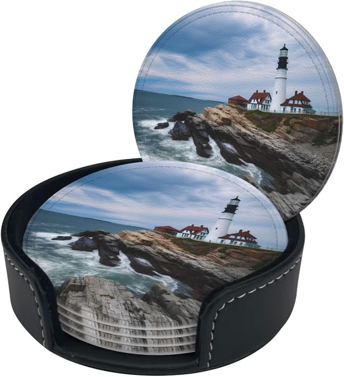 Lighthouse Beach Sky Leather Coasters Set of 6 - Image 6