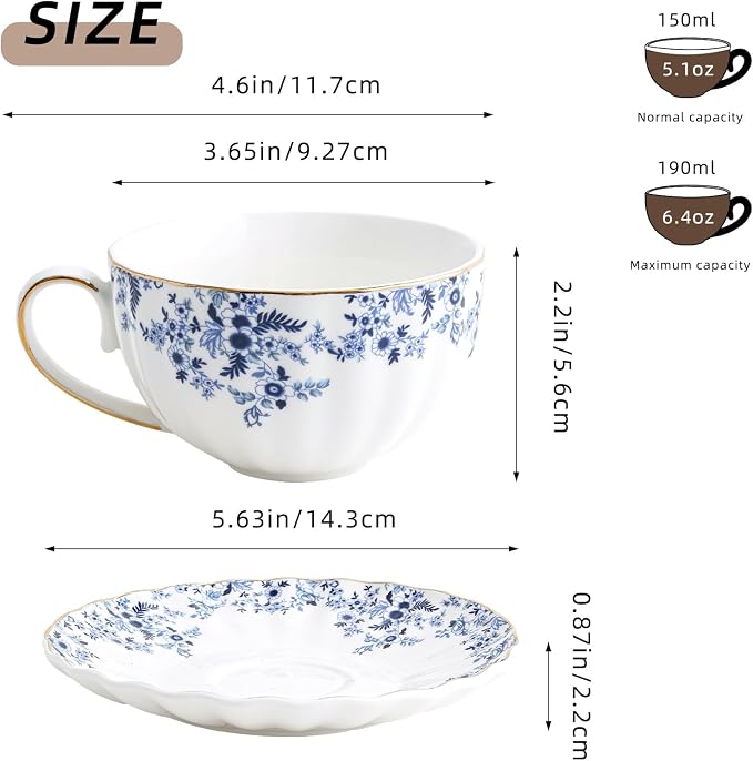 Agyiuns ceramic tea cups and saucers 6oz, floral tea cups - Image 2