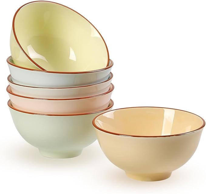 Ceramic Dessert Bowl Set of 6 - Small Porcelain Bowls for Rice, Snack, Ice Cream - Microwave and Dishwasher Safe - Assorted Candy Hue - 4.7 Inch - 10 OZ