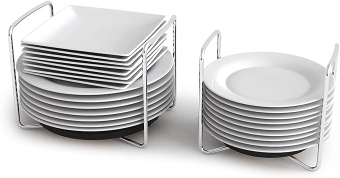 Dish Rack for Kitchen Countertop Organizer - Bamboo Plate Organizer for Cabinet Space Saver, Adjustable Stainless Steel 304 Plate and Bowl Holder with Portable Handle for Drawer Cupboard Shelf RV