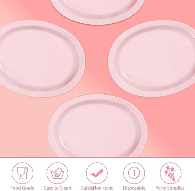 Grencian 50Pcs Pink Oval Paper Plates 10" x 12" Large Disposable 400GSM Heavy Duty Light Pink Paper Plates for Valentine's Day Girls Women Birthday Wedding Bridal Shower Baby Shower Party Supplies