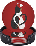 Drink Coasters with Holder Stand Set of 6, Valentine's Day Cat Pu Leather by Unknown