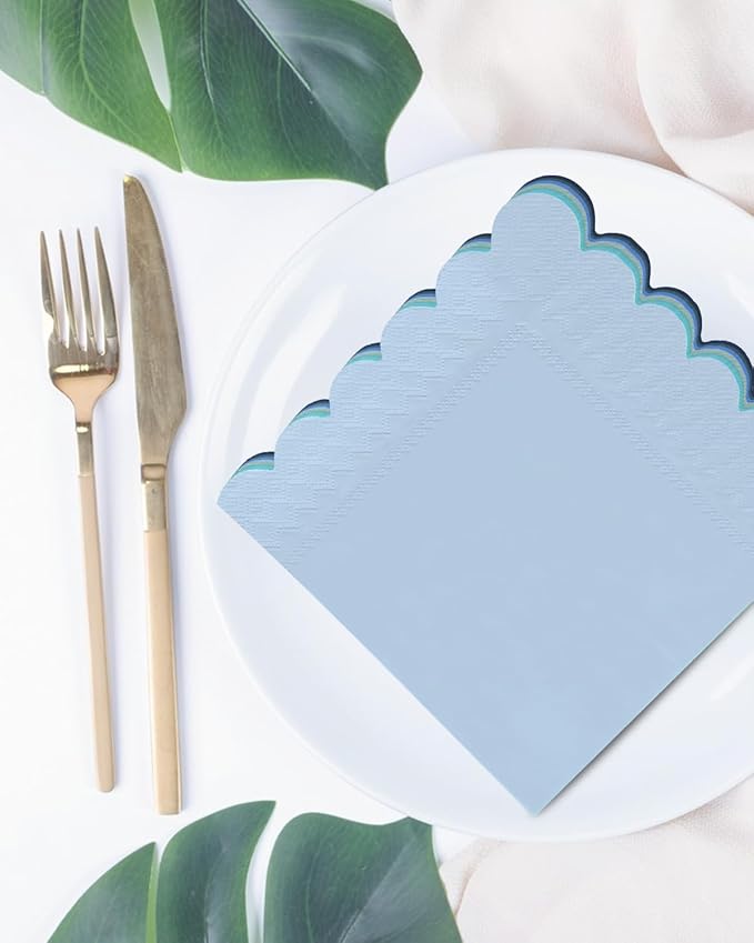 qiqee Blue Series Cocktail Dinner Napkins 5x5inch Disposable Beverage,Wedding, Birthday Party Dessert Wave Paper Napkins(120 Count)