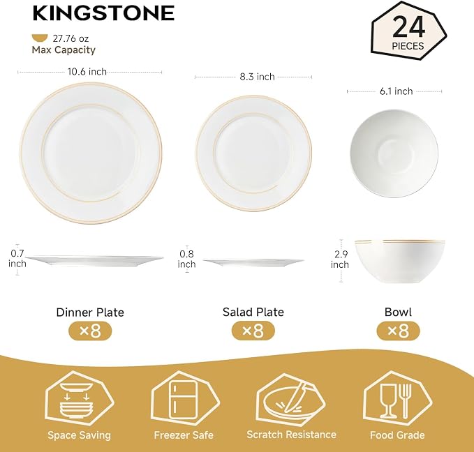 24Pcs Gold Trim White Bone China Set, Service - Image 2
