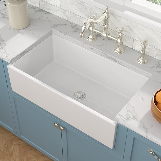Sarlai 36 White Farmhouse Sink - 36 x 20 Inch Farm Kitchen Sink Apron Front Single Bowl Reversible Ceramic Porcelain Vitreous Fireclay Single Bowl Farmer Sinks Basin