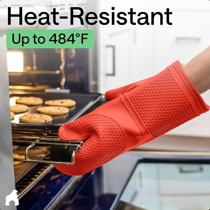 GORILLA GRIP BPA-Free Soft Silicone Oven Mitts, Heat Resistant and Waterproof Cooking Gloves, Thick Cotton Lining, Flexible Gripping for Baking Grilling, Kitchen Potholders Set of 2, 12.5x8.3, Coral