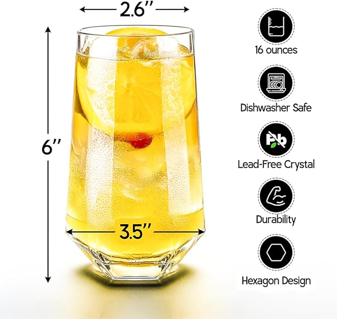 Crystal Beverage Glasses- Set of 6- Hexagon Design – 16oz Beer Tumbler & Highball Glass | Modern Tall Drinking Glass for Beer, Cocktails, Iced Tea, Cold Drinks & Everyday Use