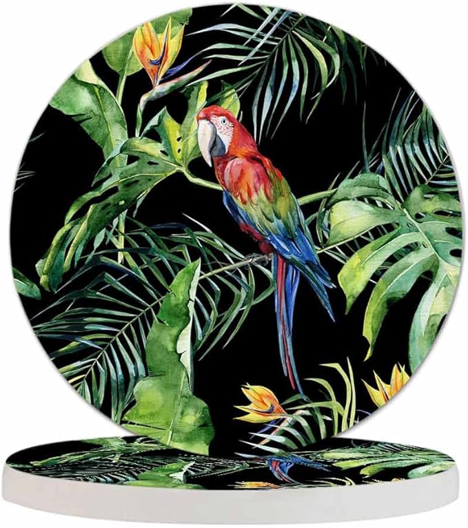 Scarlet Macaw Parrot Coaster for Drinks Individual Tropical Jungle Bird Animal Leaf Floral Botanical Palm Tree Presents for Housewarming Birthday and Family 100% Diatomite 4''X 4'',2 Pack