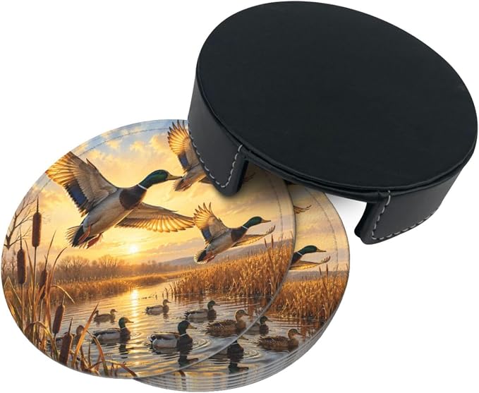 Mallard Duck Sunset Art Leather Coasters Set of 6 - Image 3