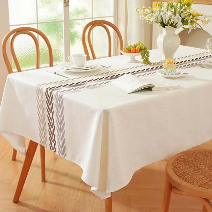 Zobesta Linen Table Cloth Rectangle Table 120 x 53 Inch, White Table Cover Heavy Weight Washable Farmhouse Soft Boho Tablecloth Rectangular for Outdoor, Kitchen