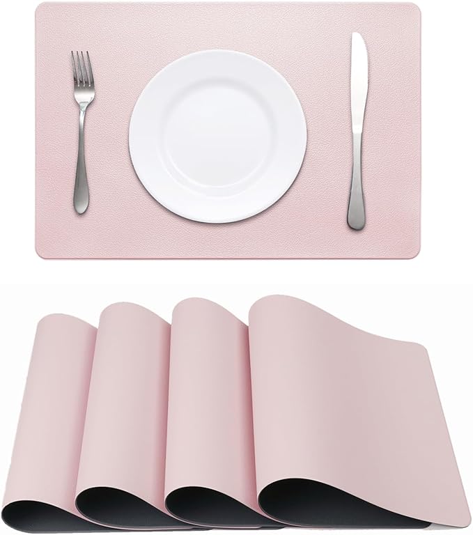 Faux Leather Placemats HeloHo Pink and Grey Table Place Mats Set of 4 Waterproof Oilproof Heat Stain Resistant Washable Wipeable Placemat for Kitchen Dining Table Decoration Indoor Outdoor