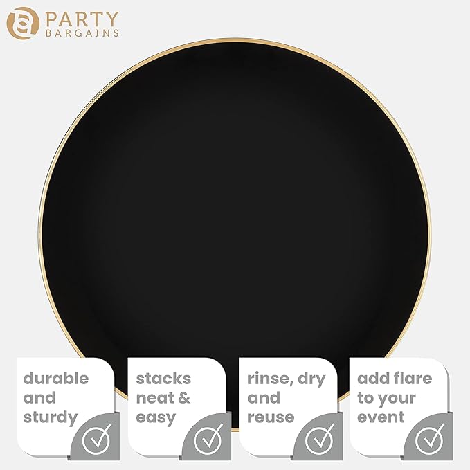 PARTY BARGAINS 13-Inch Charger Plates - 4 Pack, Organic Collection Black Gold Rim, Heavy-Duty Disposable Chargers for Elegant Dining - Ideal for Weddings and Formal Events