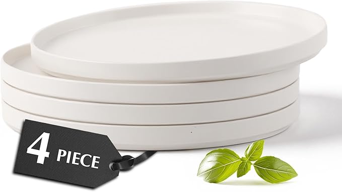 MIAMIO – Ceramic Dinner Plates Set for 4 People/Ceramic Dinnerware 4-Piece, Modern Stoneware, Dishwasher & Microwave Safe – Luxe Collection (White, 8 Inch)