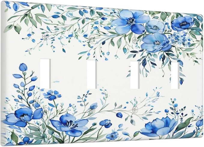 Light Switch Cover Blue Watercolor Flowers Retro Floral Leaves 4 Gang Switch Plate Quad Toggle Wall Plates Decorative Switchplate Electrical Outlet Cover for Bathroom Bedroom Decor