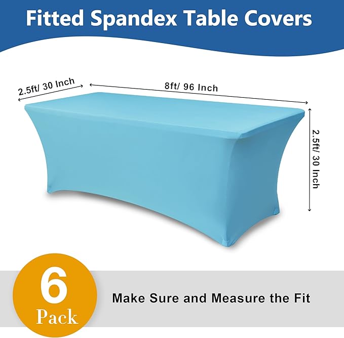 Spandex Table Cloths for 8 Foot Rectangle Tables-6 Pack Fitted Stretch Light Blue Table Covers-Folding Tablecloths for Party, Vendor Booth Display, Banquet Buffet Event, Craft Trade Show
