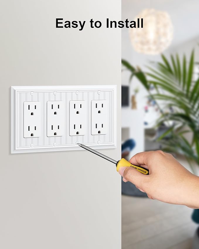 2-Pack Classic Beadboard Quad Decorator Wall Switch Cover, Pure White Decorative Switch Plates and Outlet Covers, Natural Bamboo Fiber 4 Gang Wall Plate for Electrical Outlets, Receptacle, GFCI Outlet