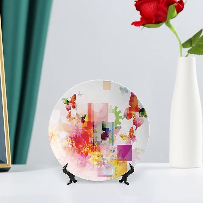 Ceramic Plates, Abstract Decorative Ceramic Plates, Natural Design Flowers Leaves Squares Rounds, 7 Inch, Household Plates Decorative, Multicolor