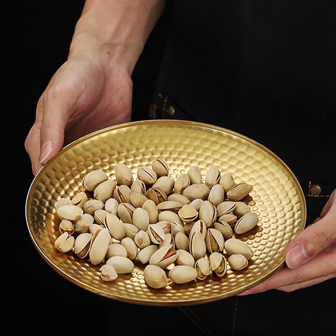Sosoport Vintage Stainless Steel Fruit Serving Tray round Textured Dinner Plate Outdoor Camping Snack Platter Sturdy Gold Fruit Plates for Picnic and Party Use