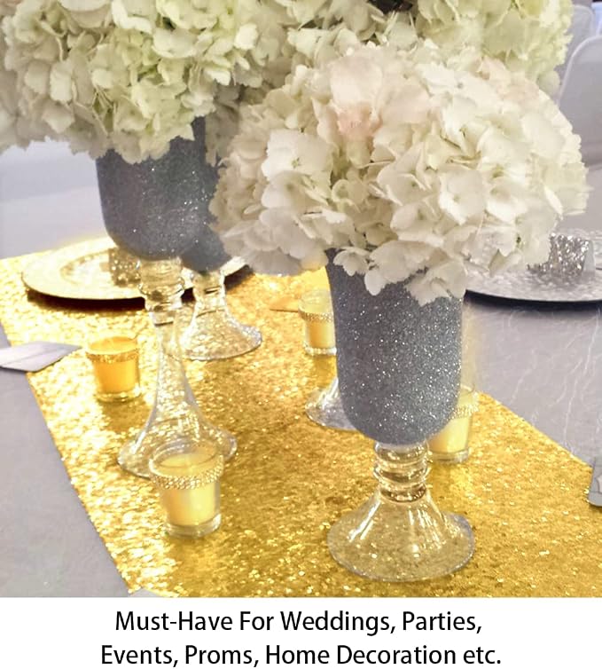 ShinyBeauty Sequin Table Runner Gold 12x72 Inch Glitz Metallic Table Cover - Image 4