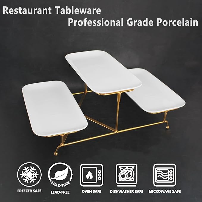 3 Tier Serving Trays for Party, 12.2 Inch Porcelain Serving Platters and Tiered Trays, Foldable Sturdy Gold Stand, for Food Display, Fruit, Cake Dessert, Decoration Entertaining, White