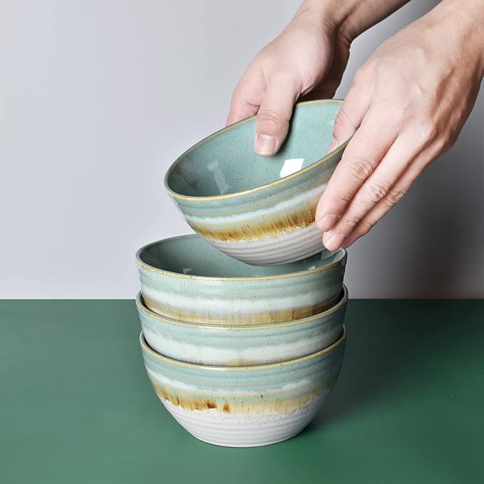 Bosmarlin Ceramic Cereal Bowl Set of 4, 26 Oz, Green Soup Bowl for Oatmeal, Salad, Dishwasher and Microwave Safe, Reactive Glaze (Green, 6 in)