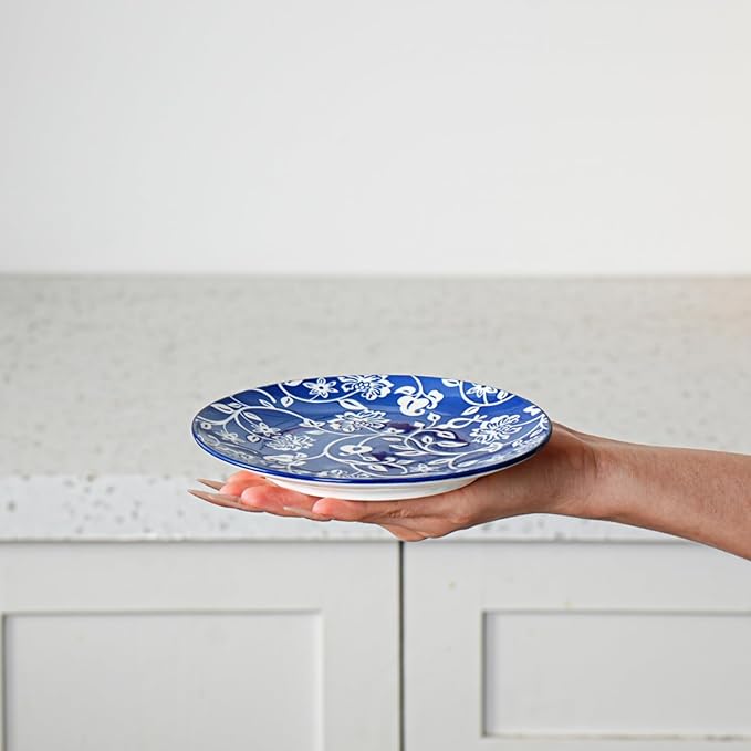 Ceramic Dessert Plates Set - 6 Inch Mini Appetizer Plates for Kitchen - Small Salad Plate for Cake Snacks Side Dish, Microwave Dishwasher Safe, Gift, Vintage Blue