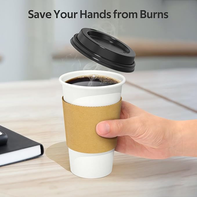 100 Pack 16 oz Disposable Coffee Cups with Lids and Sleeves, Sturdy Thick Paper & Leak-free Insulated to Go Paper Hot Coffee Cups with Sip Lids for Hot & Cold Beverage