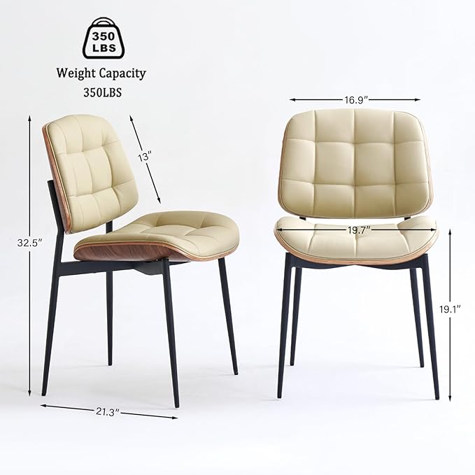 Mid Century Modern Dining Chairs with Walnut Grain Back, Beige Faux Leather Dining Room Chairs Set of 2, Checkered Soft Cushion Kitchen Chairs with Adjustable Foot Pads