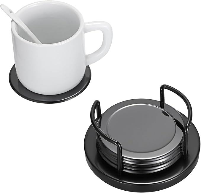JUXYES Set of 6 Stainless Steel Round Coasters with Holder & Sponge Bottom, Black Metal Cup Coasters Set Stunning Cool Coaster Cups Mats Decor for Restaurant Kitchen bar Dining Table