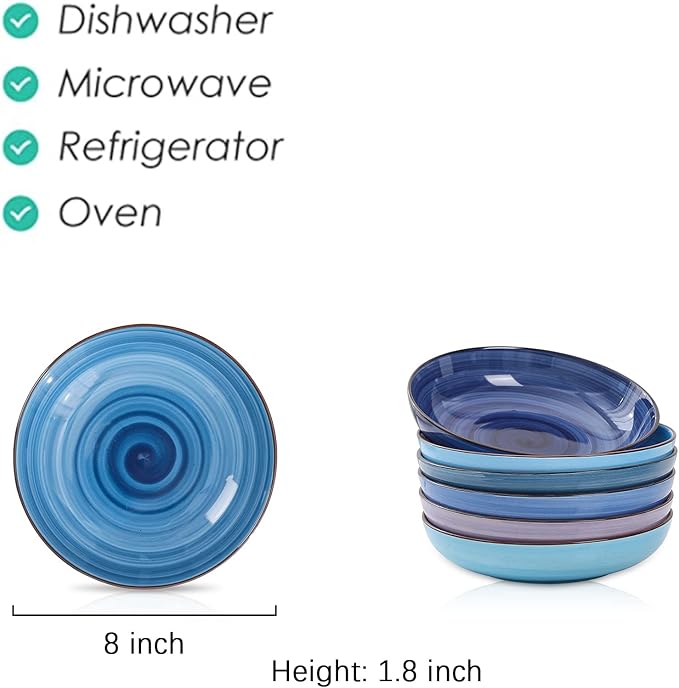Selamica Porcelain 26 Ounce Salad Pasta Bowls, 8 inch Wide and Shallow Serving bowls, Microwave & Dishwasher Safe, Sturdy & Stackable, Set of 6, Gradient Blue