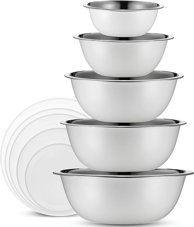 WHYSKO Stainless Steel Mixing Bowl Set, 10 Piece Stainless Steel Mixing Bowls with Lids Set for Food Prep Storage and Serving, Dishwasher Safe for Kitchen Baking Cooking, White