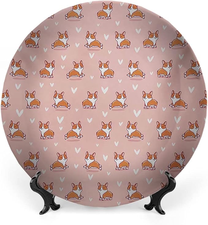 Decorative Plates, Dog Lover Print Ornament, Cute Little Corgi Jumping Running and Standing, 7 Inch, 1 Plate with 1 Display Stand, Coral Orange White