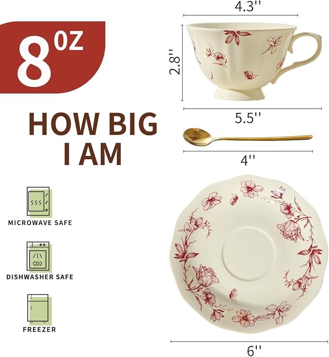 Vintage Fancy Porcelain Tea Cups and Saucers Set of 6, 8 oz China Ceramic - Image 2