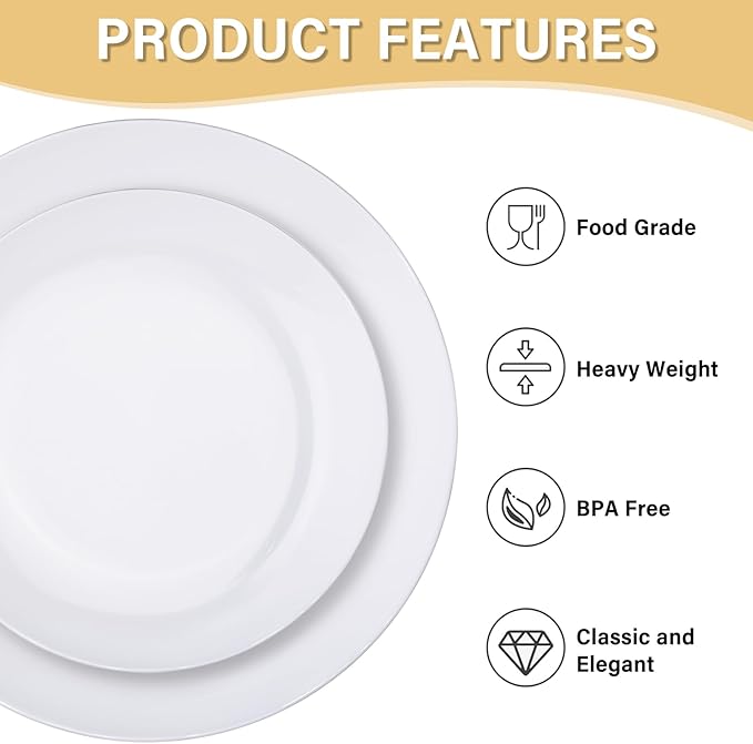 Nervure 100Pcs White Plastic Plates - 10.25inch Disposable White Dinner Plates - Heavy Duty Plastic Plate Ideal for Wedding & Party