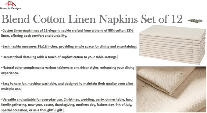 Flax Linen Christmas Cloth Napkins Set of 12 - Washable and Reusable Hemstitched Dinner Cloth Napkins Everyday, Hotel, Events, Parties, Christmas Napkin Cloth 18x18 Inch Natural Color