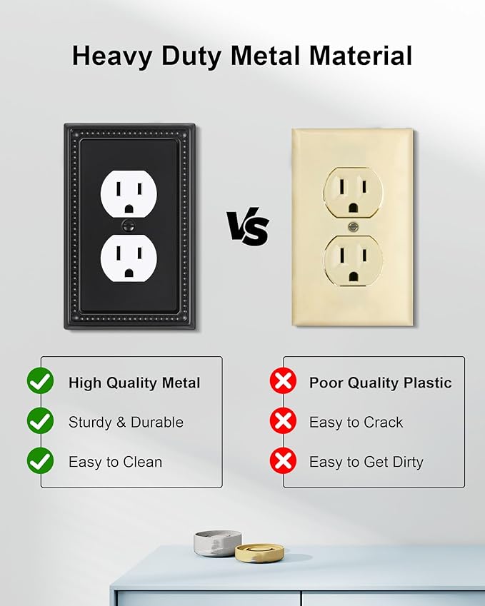2-Pack Duplex Outlet Cover, Black Metal Wall Plates for Electrical Outlets, 1 Gang Receptacle Light Switch Cover, Pearls Beaded Decorative Switch Plates and Outlet Covers