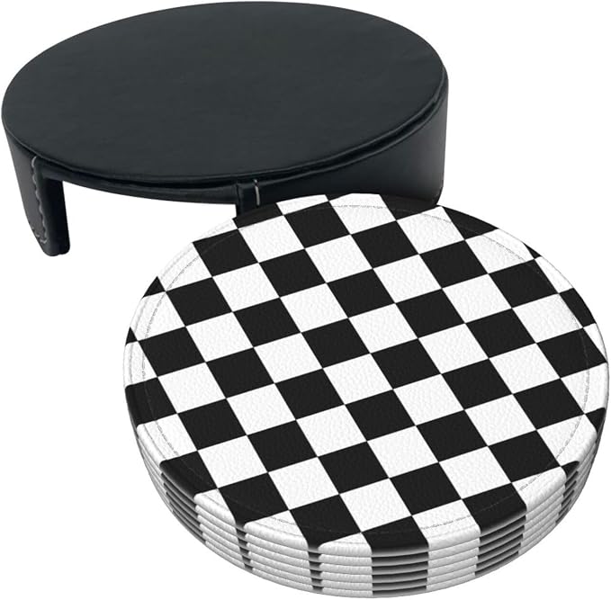 Black Checkered Leather Coasters Set of 6 - Image 8