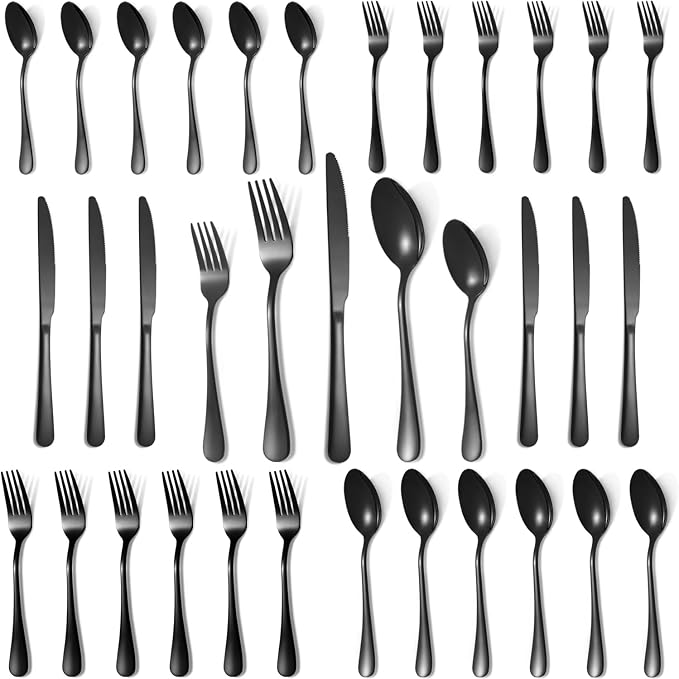 30 Pcs Black Silverware Set for 6, Food Grade Stainless Steel Flatware Set by Lazycorner