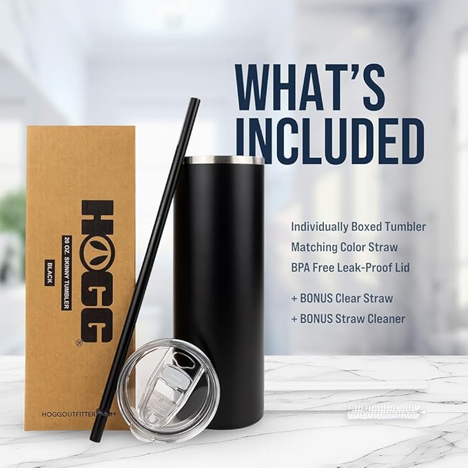 Hogg 20 oz Skinny Case (24 Units) - Black, Powder Coated Tumblers for Laser Engraving, Engravable Tumblers Bulk, Stainless Steel Cups Bulk, Insulated Cups with Lids and Straws