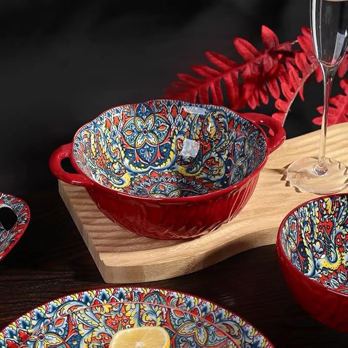 Ceramic Large Soup Bowl with Double Handle 9.5 inch Set of 4,32 oz Embossed Bowl Set for Salad, Oatmeal, Dessert, Pasta, Stew, Dishwasher & Microwave Safe - Colorful