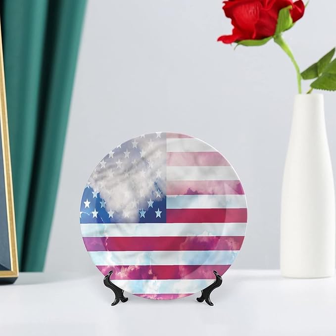 Ceramic Plates, American Flag Decorative Ceramic Plates, Flag Clouds Memorial, 6 Inch, for Dining, Parties, Wedding, Multicolor