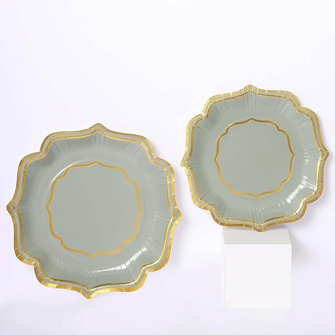 50 Pack 8" Sage Green/Gold Scallop Rim Dessert Plates, Disposable Round Paper Appetizer Salad Plates 300 GSM for Party Decoration