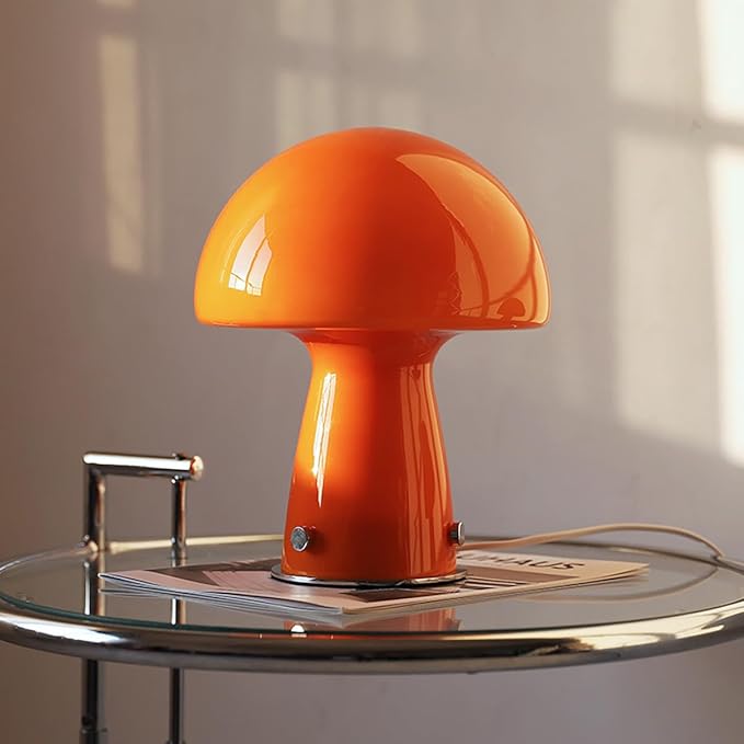 Cute Mushroom Lamp with Glass Lampshade,Small Orange Table Lighting,3000K Warm Light Led Bedside Lamp,Mid Century Modern Desk Light for Living Room Bedroom