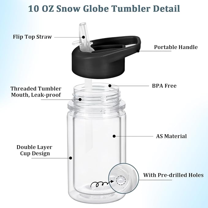 4 Pack 10 Oz Kids Snow Globe Tumbler Cups, Double Wall Snowgloble Kids Water - Image 3