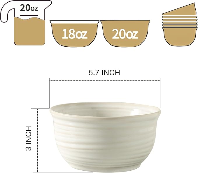 Soup Bowls, 20 Ounce Deep Ceramic Cereal Bowls for Kitchen Home, Serving Bowls Set of 6 Perfect for Oatmeal Rice Pasta Salad Dessert Breakfast, Microwave & Dishwasher Safe, Arctic White