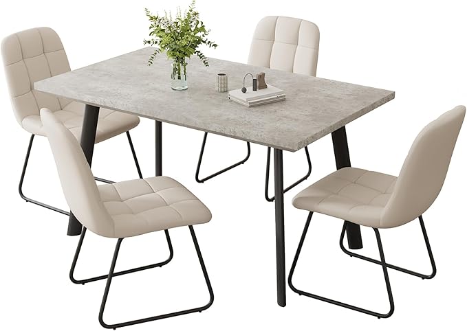 ZckyCine 46.5" Modern Grey Dining Table Set for Small Spaces, 5-Piece Set with Rectangular Table & 4 Padded Leather Chairs, Compact, Sturdy & Easy to Assemble (Table + 4 White Dining Chairs, 46.5")
