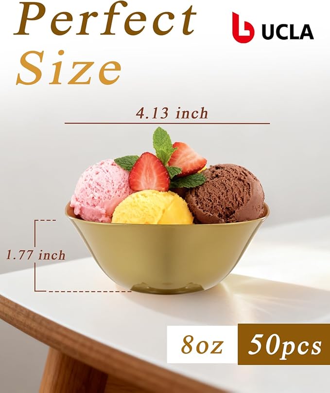 bUCLA 50Pack Gold Plastic Small Bowls - 8oz Disposable Ice Cream/Salsa/Dipping/Dessert/Sauce/Small Serving Bowls for Party